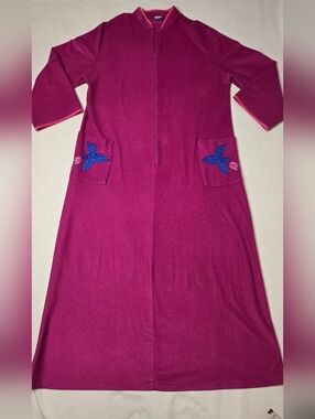 Mary Barron Vintage Magenta Long Zip Front Dress with Embroidered Pockets, Med/L